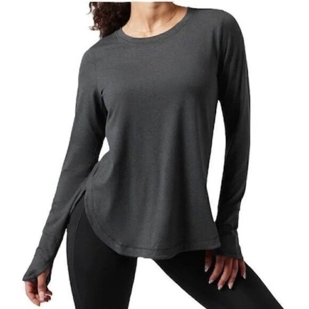 Athleta Uptempo Top In Dark Gray Sz XS Thumb Hole Stretch Round Hem Long Sleeve